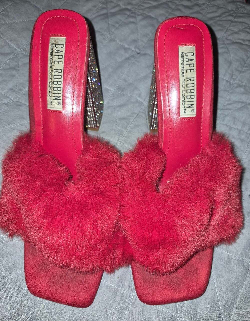 Cape Robbin Softy Rhinestone Fuzzy Block Heel Mules